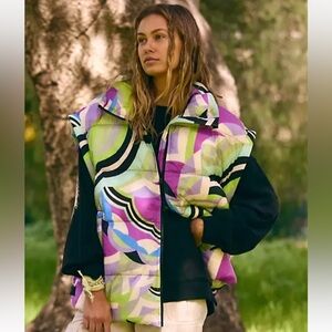 Free People Movement In A Bubble Printed Puffer Vest Zip White Lime Black Small
